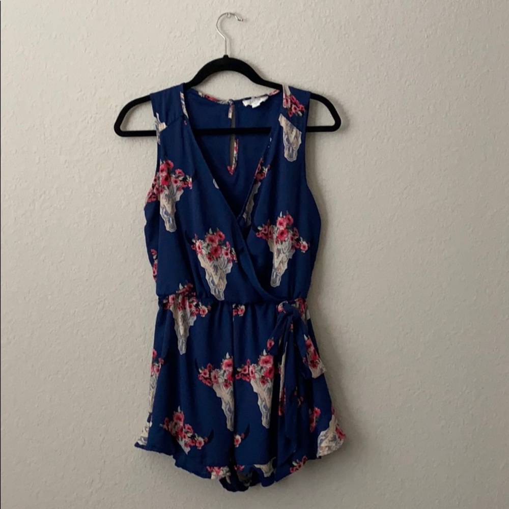 Blue Romper with Pink Flowers